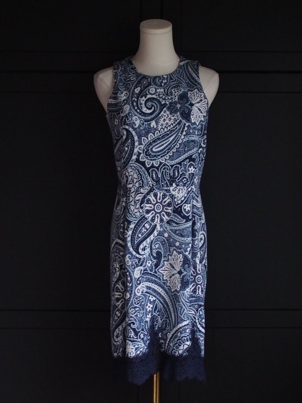 H&M | Dark Blue/White Paisley Lace-Trimmed Dress